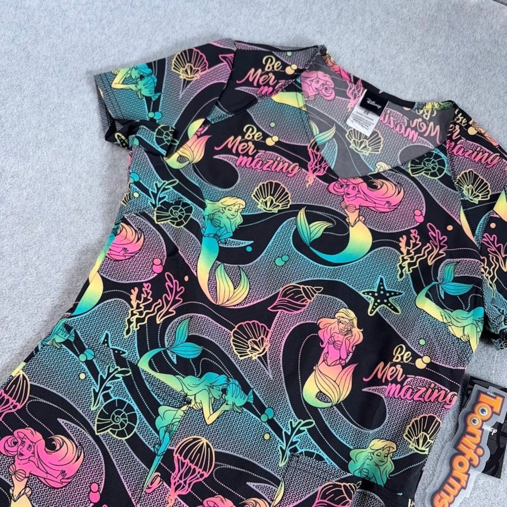 Disney Tooniforms Scrub Top Women XS Black Ariel Little Mermaid NWT V-Neck Scrub